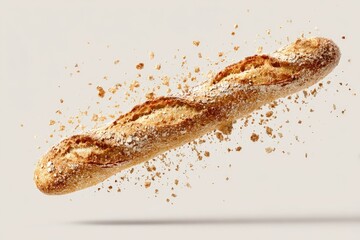 A long loaf of bread, a baguette, explodes in a flurry of crumbs