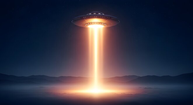 Alien spacecraft hovering and beaming light down at night - Powered by Adobe