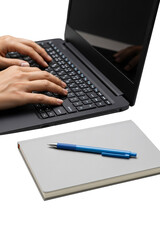 transparent Businessman working on laptop at home with copy space. Smiling business professionals sharing ideas while working with laptops and tablets. Businessman working on laptop at home with note