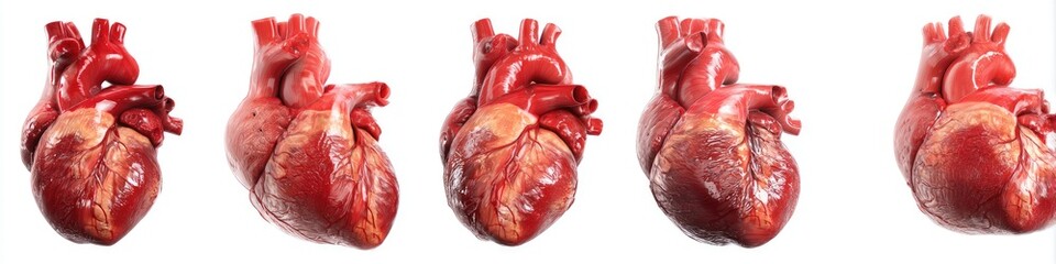 Five anatomical human hearts in various positions