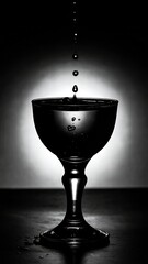 Monochromatic still life featuring liquid drops falling into a vintage glass chalice