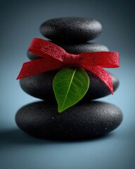 Stacked dark stones, adorned with red ribbon and leaf, on a muted background