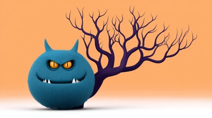 Blue monster with yellow eyes and teeth stands next to a tree. The monster has a menacing look on its face, and the tree is bare and spindly. The image has a creepy, unsettling mood