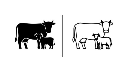Cow and Calf Icons in Silhouette and Line Art Style.