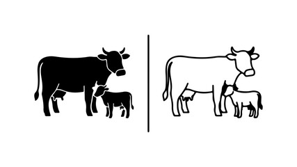 Cow and calf illustration in black and white side view mother and baby.