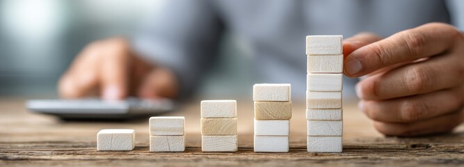 Wooden blocks forming a growth chart; person's hands building stacks