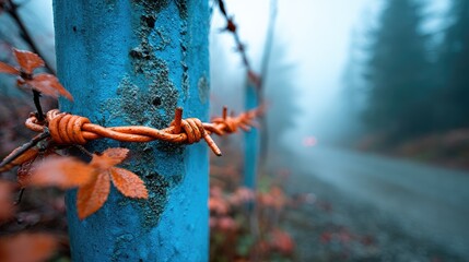 Rusty barbed wire on a blue post, autumn leaves