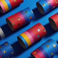Colorful paper tubes, various colors, stars, stripes, on blue background
