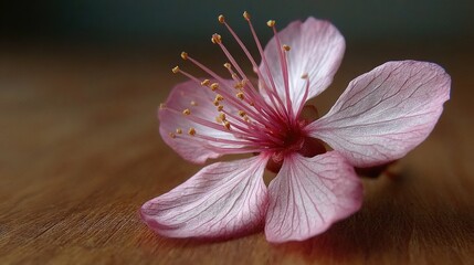Delicate pink flower on wood