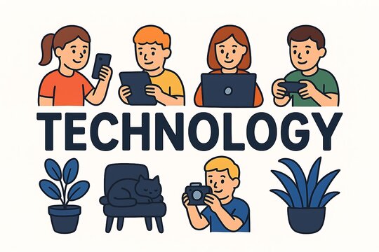 Children and adults using various digital devices, showcasing modern technology's integration into daily life.