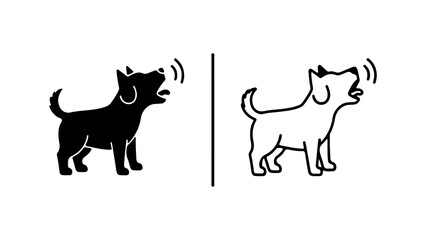 Dog silhouette barking icon illustration in black and white design.