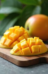 Freshly cut mango cubes arranged on rustic wooden board. Vibrant yellow, juicy fruit slices offer glimpse of tropical sweetness. Perfect for healthy eating, summer desserts, vibrant food photography.