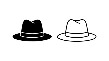Elegant Fedora Hats Black Silhouette and Outline Icon Set.