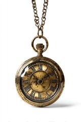 Antique pocket watch, gold-toned, hanging from a chain