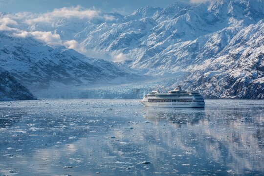 Cruise ship navigating through icy waters of Glacier Bay National Park in Alaska surrounded by majestic snow-capped mountains and glistening icebergs
