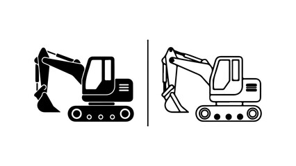 Excavator Construction Vehicle Icon Set Silhouette and Outline.