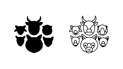 Farm Animal Head Icons Set in Silhouette and Outline Styles.