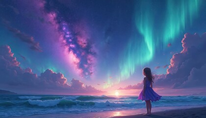 Young girl in purple dress stands on beach, gazing at vibrant aurora borealis in twilight sky. Waves crash on shore beneath starry night. Surreal fantasy landscape inspires wonder and dreams.