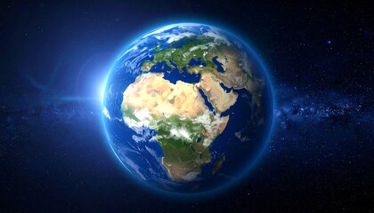 Fototapeta premium A vibrant globe of Earth, detailed with continents, oceans, and atmospheric effects against a starry background. A sun flare is visible