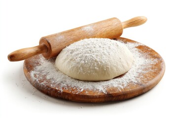 Wooden pizza dough ball resting on a wooden board, with a rolling pin