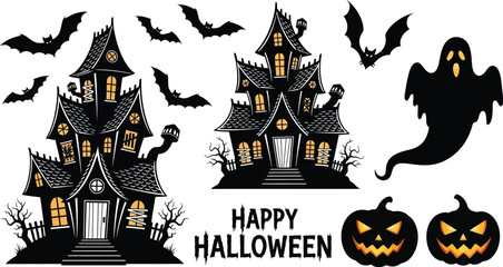 Haunted house with bats, pumpkins, and ghost for halloween celebration and spooky decoration