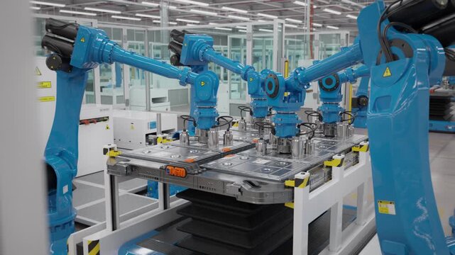 Blue robotic arms assembling battery modules of electric vehicles. Fully automated EV production line with AI and autonomous robots. Modern electric car factory. 3d animation render