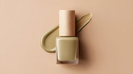 Obraz premium Nail polish bottle in matte olive green with a wooden cap, placed on a matching beige background.