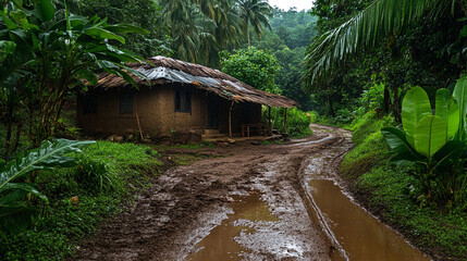 Muddy Village Path in Tropical Rainforest
