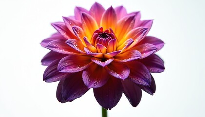 Obraz premium Vibrant dahlia flower in full bloom, featuring striking purple, orange petals with delicate water droplets. Intricate symmetrical petal arrangement, detailed center create stunning macro view. Fresh,