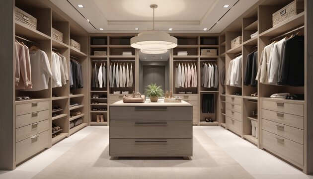 Luxury walk-in closet featuring custom light wood shelving, soft ceiling lighting, and central island for accessories. Offers modern organization and elegance in spacious, contemporary home interior.