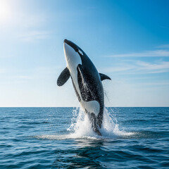 Obraz premium Majestic Orca Jumping Out of Blue Ocean Under Sunny Sky