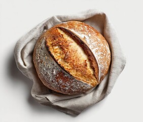 Artisan sourdough loaf draped in linen cloth