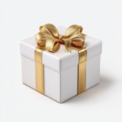 A pristine white gift box, adorned with a golden ribbon bow and stripes
