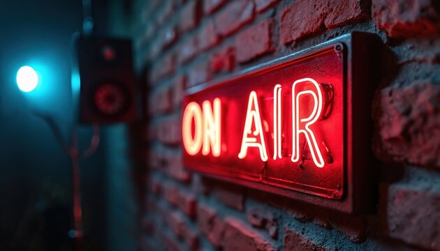 Vintage neon ON AIR sign glows red on brick wall. Indicator lights live broadcast studio, radio show production, podcast content creation, media communication. Captures showtime energy, announcing