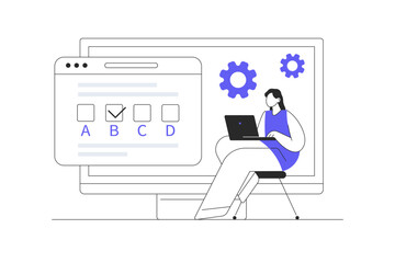 Woman Character choosing answer in questionnaire form with checklist. Concept of online exam on internet. Questionnaire, web learning, electronic voting. Flat Cartoon Vector Illustration, icon Stylish