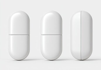 Three white oval pills, side-by-side, on a light gray surface.  Each pill is split, showing the interior, and angled differently