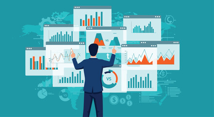 Business man analyzing financial charts and graphs on multiple screens data visualization concept