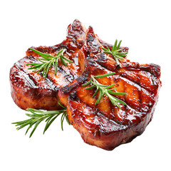 Grilled pork chops are garnished with fresh rosemary sprigs exhibiting delicious sear marks on a transparent background inviting an amazing aroma