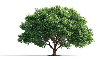 Full shot of a lush green tree against a white background.  Healthy, vibrant foliage surrounds a thick trunk.  Natural, isolated image