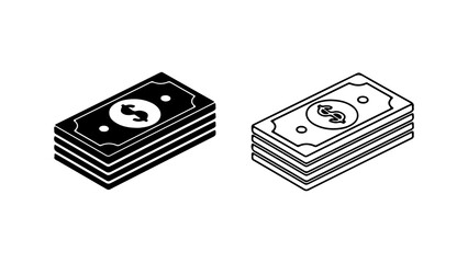 Isometric money stack icons in solid and line art versions.