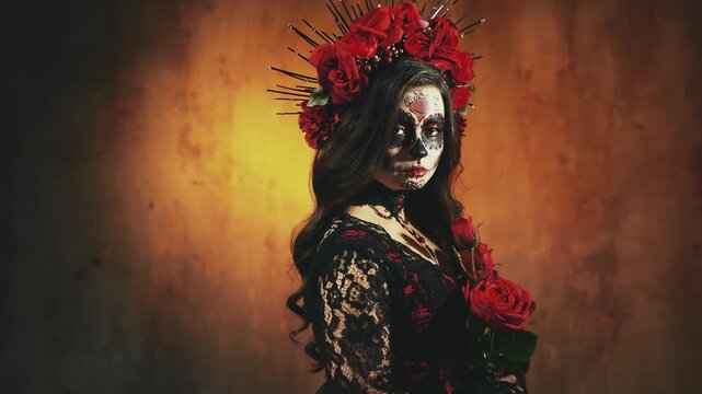 portrait scary beauty woman halloween makeup sceleton sugar skull face eyes red lips roses flowers in hair, black dress carnival holiday body art. Sexy Girl Calavera. day of the dead santa muerte 4k