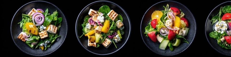 Four colorful salad variations in dark bowls