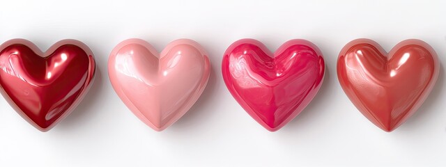 Four hearts in varying shades of pink and red, glossy finish, on a white background