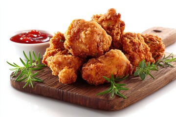 Crispy fried chicken pieces on a wooden board with dipping sauce and herbs
