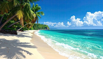 Fototapeta premium Tropical Beach with Turquoise Water White Sand Palm Trees and Lush Green Vegetation Under a Bright Blue Sky Pixel Art