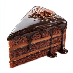 Rich, decadent chocolate cake slice, dripping with dark chocolate