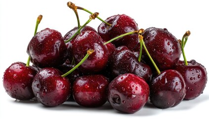 Fresh, plump cherries, glistening with water droplets, clustered together against a pure white background