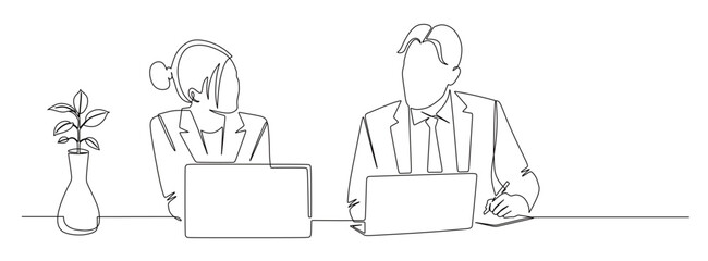 Continuous line art of a male and female worker working in front of a laptop while writing and having a dialogue. work team concept