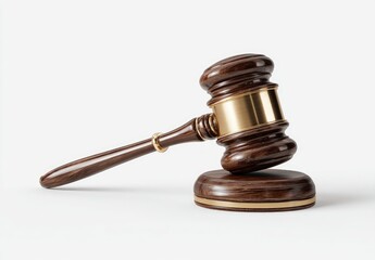 Wooden gavel, gold accents, on white background