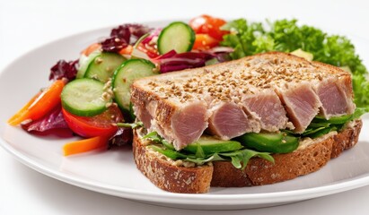 Tuna sandwich on whole-grain bread, served with a side salad